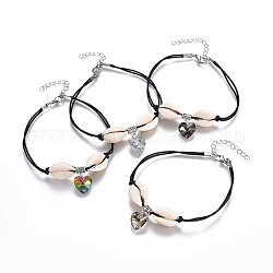 Bracelet de cheville en coton ciré chinois, Avec le coeur électrolytique pendentifs en verre, alliage de style tibétain et perles de coquillage, couleur mixte, 9-1/2 pouce (24 cm), 2mm