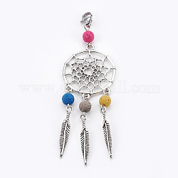 Dyed Natural Lava Rock Big Pendants, with Tibetan Style Alloy Findings and 304 Stainless Steel Lobster Claw Clasps, Woven Net/Web with Feather, Antique Silver & Stainless Steel Color, Colorful, 90mm, Pendant: 80x29x6mm