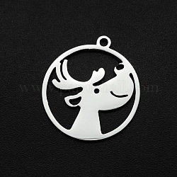 Christmas 201 Stainless Steel Pendants, Laser Cut, Ring with Elk Christmas Reindeer/Stag, Stainless Steel Color, 22x20x1mm, Hole: 1.6mm