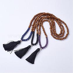 Collane di pietre preziose naturali e perle di mala di legno, con perline in lega di buddha e pendenti nappa, 27.9 pollice (710 mm), perline: 8 mm, ciondoli:12x88mm