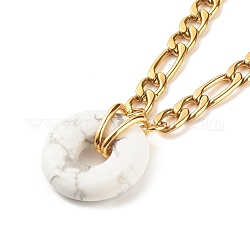 Collier pendentif beignet en howlite naturelle, collier pierre gemme avec 304 chaîne figaro en acier inoxydable pour femme, or, 15.87 pouce (40.3 cm)