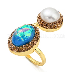 Открытое кольцо-манжета из овальной смолы и искусственного жемчуга со стразами, латунное кольцо для женщин, золотые, внутренний диаметр: 18 мм