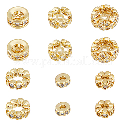 DICOSMETIC 12Pcs 6 Style Brass Micro Pave Cubic Zirconia Spacer Beads, Flat Round, Golden, 4~9x3~4mm, Hole: 1~4mm, 2pcs/style