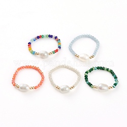 Glass Beads Stretch Rings, with Natural Pearl Beads and Glass Seed Beads, Mixed Color, US Size 11, Inner Diameter: 21mm