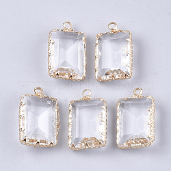 Glass Pendants, with Brass Findings, Faceted, Rectangle, Golden, Clear, 23x14x6.5mm, Hole: 2mm