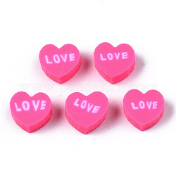 Manuell Polymer Ton Perlen, Herz mit Wort Liebe, neon rosa , 8~8.5x9~9.5x4.5 mm, Bohrung: 1.8 mm