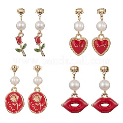 Pendientes colgantes de esmalte de aleación del día de San Valentín con alfileres de latón, pendientes colgantes con cuentas de perlas naturales, formas mixtas, 30~38x9~18mm