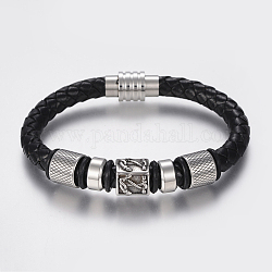 Bracelets en cuir tressé, avec accessoires en 304 acier inoxydable et les fermoirs magnétiques, noir, 8-5/8 pouce (220 mm), 20x11.5mm
