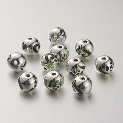 Perle di vetro k9, coperto di ottone, rotondo con disegno cuore, placcati argento 925 euro, prato verde, 10.2x9.2mm, Foro: 1.5 mm