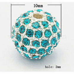 Perles en alliage, avec des strass, Grade a, ronde, couleur d'argent, bleu profond du ciel, taille: environ 10 mm dans le trou de diamètre: 2 mm