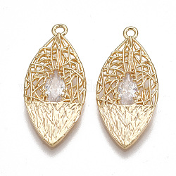 Brass Filigree Pendants, Nickel Free, Real 18K Gold Plated, with Cubic Zirconia, Horse Eye, Clear, 27x13x2.5mm, Hole: 1.5mm