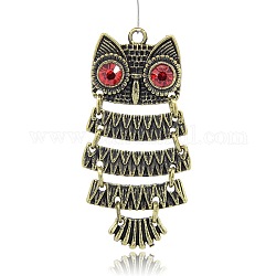 Antique Bronze Alloy Owl Pendants, with Resin Cabochon, Nickel Free, Red, 48x21x2.5mm, Hole: 2mm