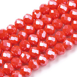 Abalorios de vidrio electroplate hebras, lustre de la perla chapado, facetados, rerondana plana, rojo, 8x6mm, agujero: 1~1.4 mm, aproximamente 65~68 pcs / cadena, 15.7~16.1 pulgada (40~41 cm)