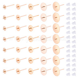DICOSMETIC 50Pcs 5 Size 304 Stainless Steel Stud Earring Findings, For Half Drilled Beads, Flat Round, with 60Pcs Plastic Ear Nuts, Rose Gold, 13~14x4~10mm, Pin: 0.8mm, 10Pcs/style