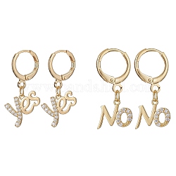 2 paio di 2 set di orecchini a monachella pendenti con parola sì e no in zirconi cubici trasparenti, gioielli in ottone, oro, 28.5x12~14mm, 1 paio/stile