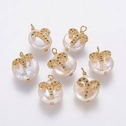 Colgantes naturales de perlas cultivadas de agua dulce, con micro latón allanar fornituras de circonio cúbico, pepitas con constelación, dorado, colorido, Aries, 17~22x11~16x5~11mm, agujero: 1.6 mm
