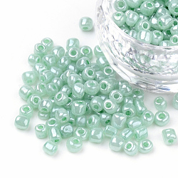 6/0 Glass Seed Beads, Ceylon, Round, Round Hole, Aqua, 6/0, 4mm, Hole: 1.5mm, about 500pcs/50g, 50g/bag, 18bags/2pounds