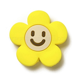 Perles de silicone, fleur avec le visage souriant, perles de dentition en silicone, jaune, 30x31x8.5mm, Trou: 3mm
