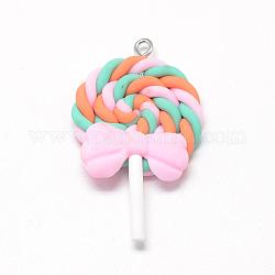Ciondoli in fimo fatti a mano, lollipop con bowknot, corallo, 40~53x27~30x7~9mm, Foro: 2 mm