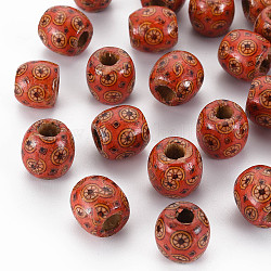 Bedruckte Naturholzperlen, Makramee-Perlen großes Loch, Fass, orange rot, 18x17 mm, Bohrung: 7 mm