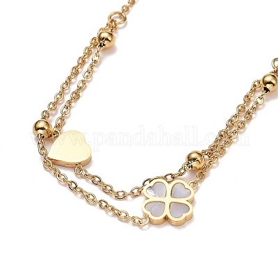 Ионное покрытие (IP) браслет на ногу из натуральной ракушки с клевером и сердцем для женщин&nbsp;LS-STAS-D454-05G-1