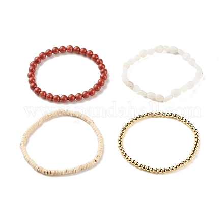 4Pcs 4 Style Natural Rainbow Moonstone & Red Jasper & Synthetic Turquoise(Dyed) Beaded Stretch Bracelets Set BJEW-JB07977-1