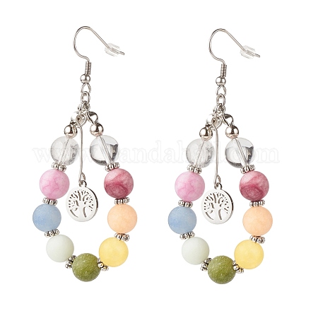 Natural Mixed Gemstone Braided Teardrop Dangle Earrings with 201 Stainless Steel Tree of Life Charms EJEW-JE04951-04-1