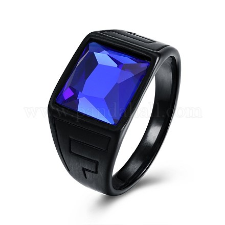 メンズチタンスチールガラスフィンガー指輪  ワイドバンドリング  正方形  ブルー  ガンメタ色  usサイズ7（17.3mm） RJEW-BB29433-D-7-1