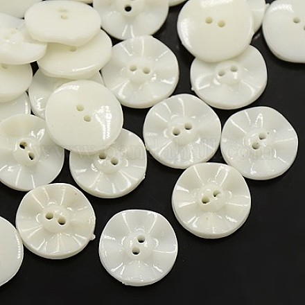 アクリル縫い付け用ボタン  衣装デザインのためのプラスチックボタン  2穴  染め  フラットラウンド  ホワイト  15x3mm  穴：0.5mm BUTT-E073-C-01-1