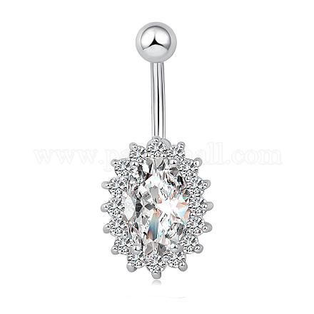 Piercing Jewelry Real Platinum Plated Brass Rhinestone Oval Navel Ring Belly Rings AJEW-EE0001-26A-1