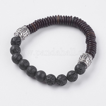 Bracelets extensibles en pierre de lave naturelle et perles de noix de coco BJEW-I241-02-1