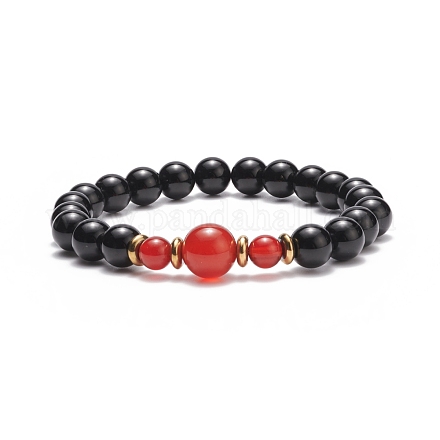 Cornaline d'agate rouge naturelle (teintée et chauffée) et bracelet extensible de perles rondes en onyx noir BJEW-JB08642-1