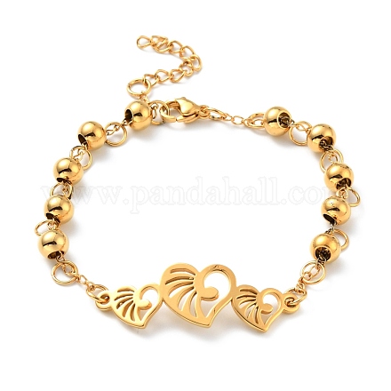 Placage sous vide 304 bracelet à maillons coeur en acier inoxydable avec chaînes perlées pour femme BJEW-E108-09G-1