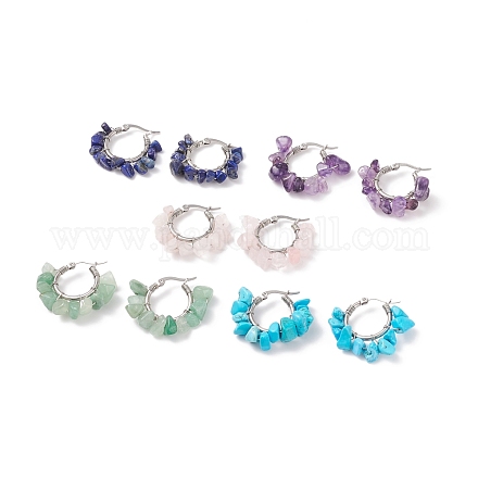 Natural Gemstone Chips Braided Hoop Earrings EJEW-JE04985-1