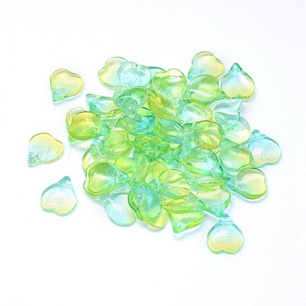 クリアガラスチャーム  ハート型の花びら  ツートン  芝生の緑  15x12x4.5mm  穴：1mm GLAA-H016-02B-10-1