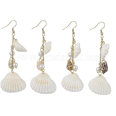 Boucles d'oreilles pendantes en coquillage naturel de style bohème avec perles de verre EJEW-JE05546-1