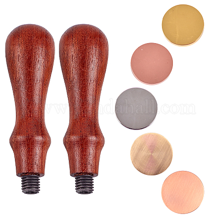 CRASPIRE 5 Colors Brass Blank Round Stamp Head & Natural Rosewood Handle Sets DIY-CP0003-39-1
