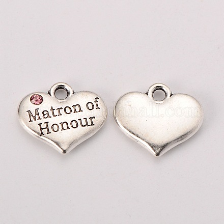 Wedding Theme Antique Silver Tone Tibetan Style Heart with Matron of Honour Rhinestone Charms X-TIBEP-N005-07B-1