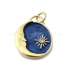 Colgante micropavé cubic zirconia de latón, sin plomo y cadmio, con esmalte, plano y redondo, real 16k chapado en oro, azul de Prusia, la luna y las estrellas, 23x19.5x3mm