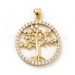 Estante de placas micro latón allanan colgantes de circonio cúbico, Plateado de larga duración, sin plomo y el cadmio, anillo redondo con arbol de la vida, real 18k chapado en oro, 28.5x25x2.5mm, agujero: 3.5x4 mm