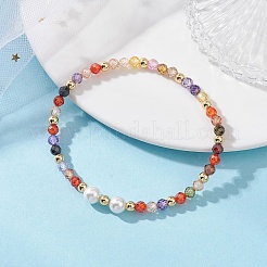 Pulseras elásticas de cuentas redondas de circonita cúbica y perla de concha para mujer&nbsp;BJEW-JB13280