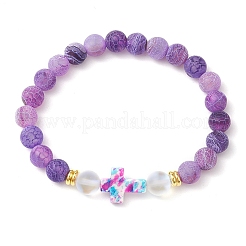 Bracelets extensibles en pierre de lune synthétique et perles d'agate patinées naturelles givrées pour femmes&nbsp;BJEW-JB11333-02