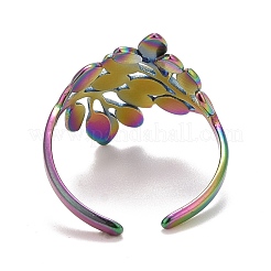 Радужное ионное покрытие (IP) из нержавеющей стали 304 с открытым манжетным кольцом в виде листа для женщин&nbsp;RJEW-A005-12