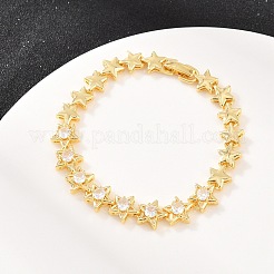 Браслеты из латуни с микропаве из прозрачных кубических цирконий и звеньями в форме звезды.&nbsp;BJEW-F528-02G