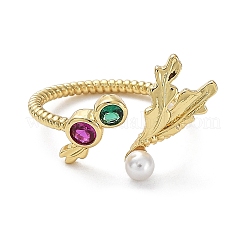 Anello a polsino aperto con micro pavè di zirconi cubici in ottone placcato a cremagliera con perle di plastica&nbsp;RJEW-Q777-15G