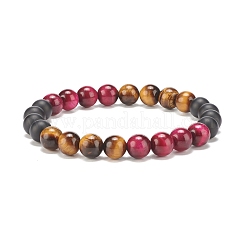 Set di 4 braccialetti elasticizzati con perline rotonde in 4 colori di occhio di tigre naturale e agata nera (tinta).&nbsp;BJEW-JB08086