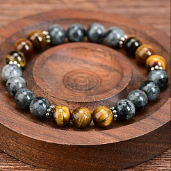 Runde Stretcharmbänder aus 8 mm natürlichem Tigerauge und Larvikit für Damen und Herren&nbsp;WG7E450-01