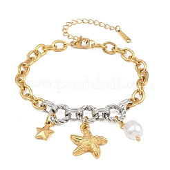 Bracelets à breloques bicolores océan en acier inoxydable 304 avec animaux marins et perles d'imitation pour femmes&nbsp;SA-CBA717A-06G-01