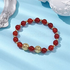 Bracelets extensibles en cornaline naturelle ronde de 8 mm et perles rondes en laiton de 10 mm pour femmes&nbsp;BJEW-JB10557