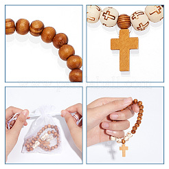 30 bracelet extensible en perles rondes en bois naturel de 2 styles avec breloques en croix pour hommes et femmes&nbsp;BJEW-AR0001-08